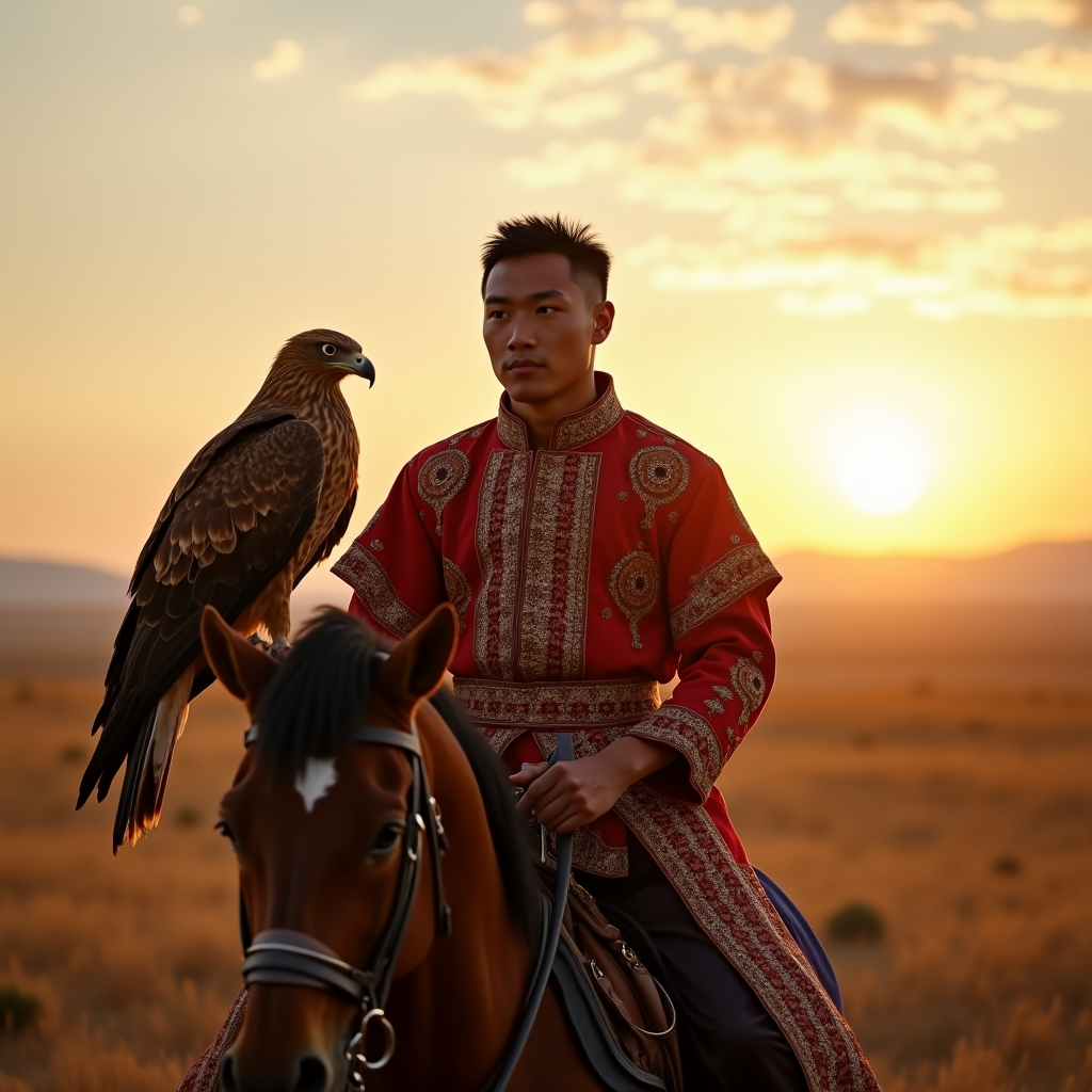 Portrait of a Mongolian eagle hunter on horseback at sunrise, traditional embroidered coat, golden eagle perched on arm, vast steppe landscape, cinematic wide shot, National Geographic style