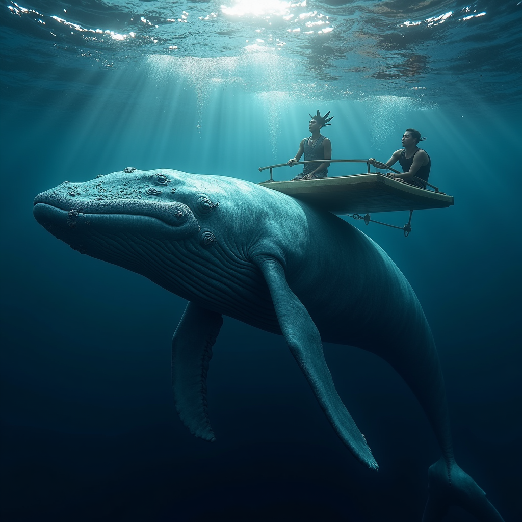 An enormous humpback whale swimming alongside a traditional Polynesian outrigger canoe, ocean surface light dappling the whale's barnacled skin, sacred and serene encounter, science fiction, futuristic, cyberpunk, neon lights, biopunk