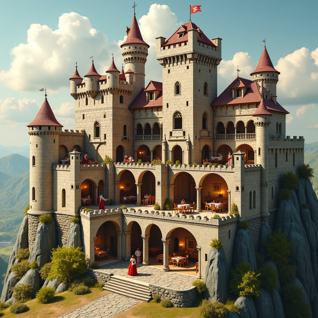 A 3D cross-section of a medieval castle fully inhabited, every room with different activity simultaneously visible, like a dollhouse exposed, illuminated manuscript aesthetic meets modern rendering