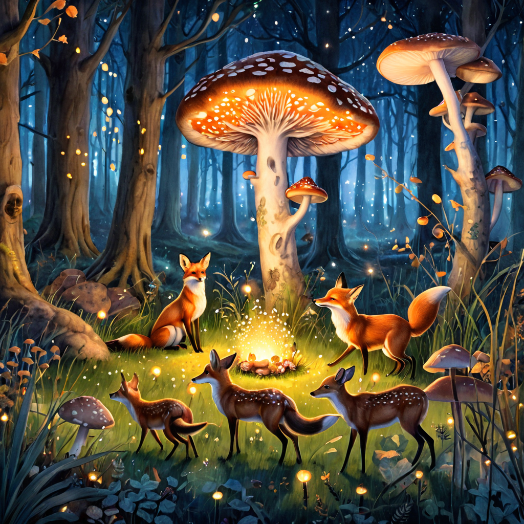 An enchanted autumn forest at dusk, foxes and deer gathering around a glowing ring of mushrooms, fireflies rising from the grass, fairy tale made real, hyperdetailed illustration, watercolor illustration, soft washes, loose brushstrokes, delicate