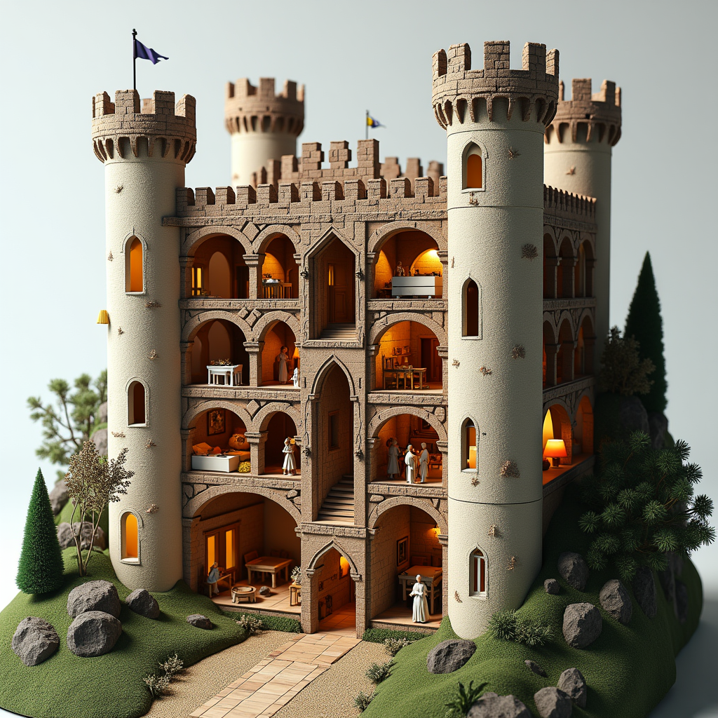 A 3D cross-section of a medieval castle fully inhabited, every room with different activity simultaneously visible, like a dollhouse exposed, illuminated manuscript aesthetic meets modern rendering
