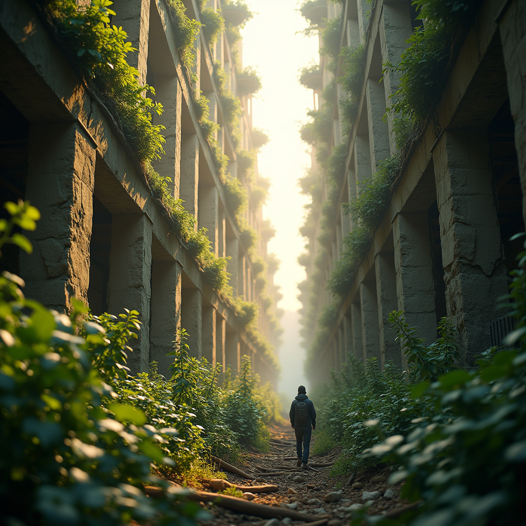Concept art of a post-apocalyptic greenhouse city, survivors cultivating vertical gardens inside a crumbling skyscraper skeleton, hope amid ruin, warm sunrise tones