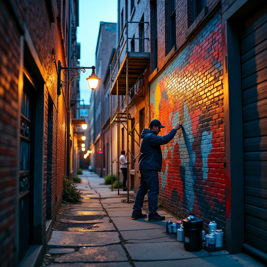 A street artist completing a massive mural in a gritty Brooklyn alleyway at dusk, scaffolding, spray cans, vivid colors against aging brick, urban poetry, documentary photography style