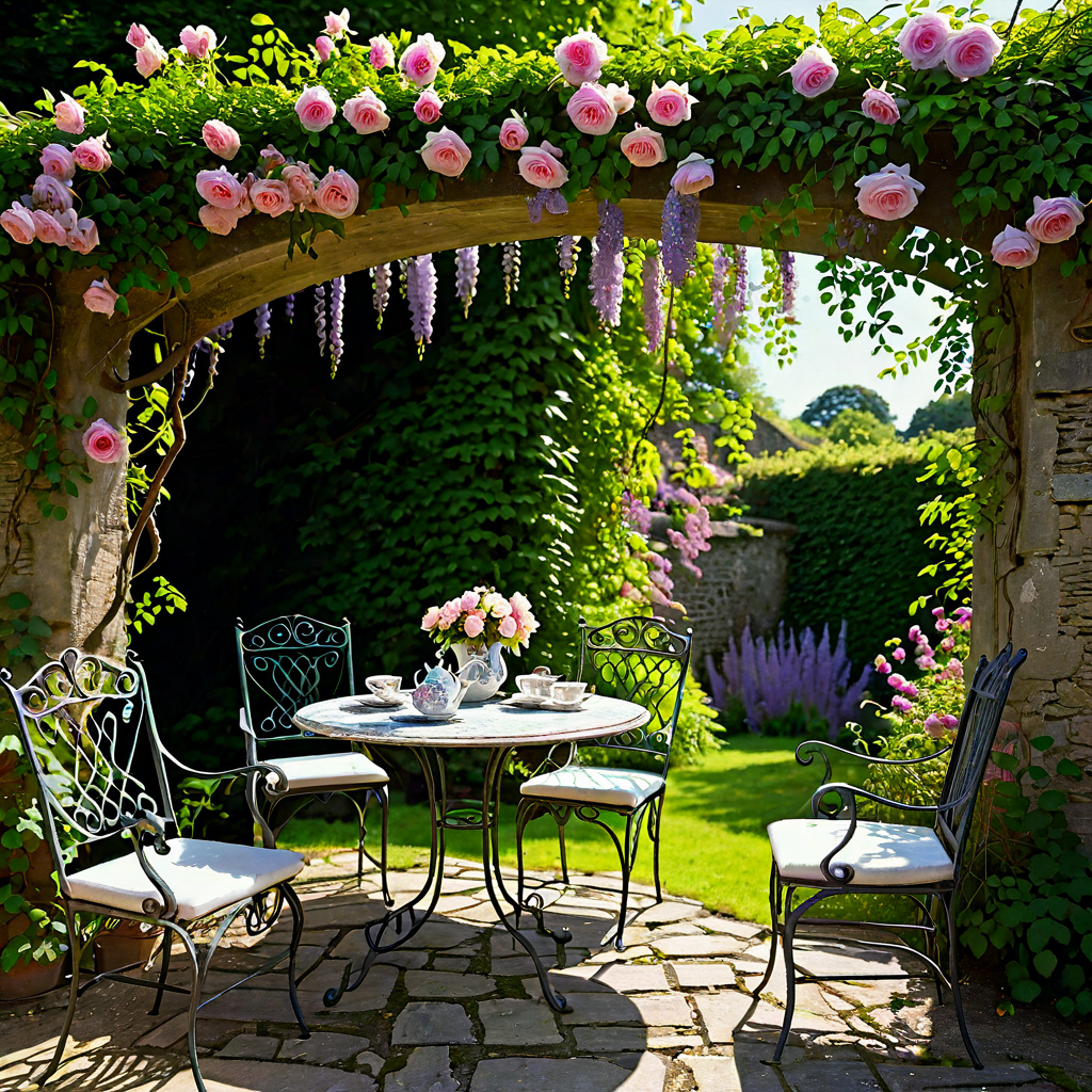 An overgrown English country garden in full summer, roses cl...