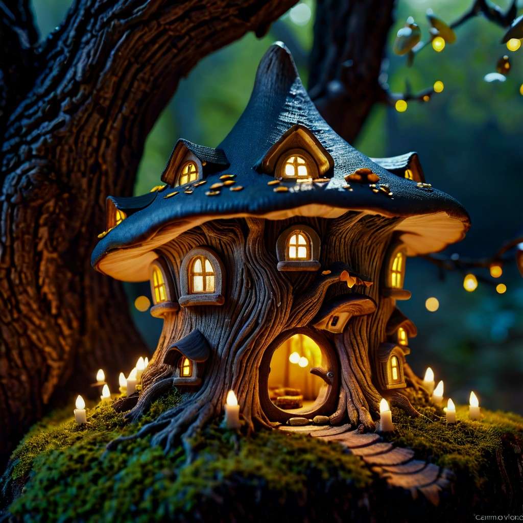 A tiny fairy village built inside the hollow of an ancient o...