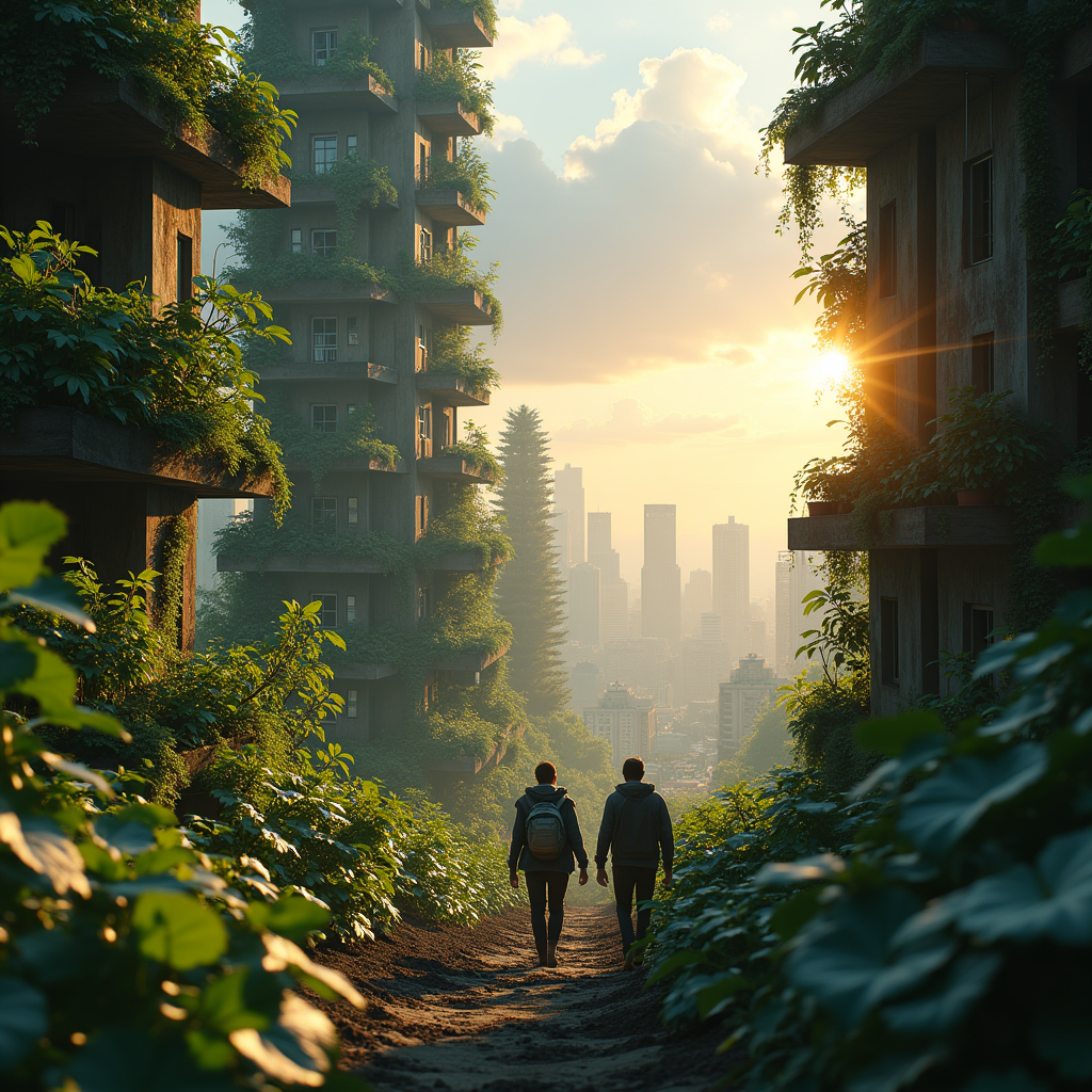 Concept art of a post-apocalyptic greenhouse city, survivors cultivating vertical gardens inside a crumbling skyscraper skeleton, hope amid ruin, warm sunrise tones