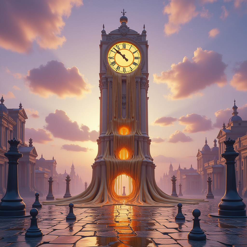 A melting surrealist clocktower in a Salvador Dalí-esque dreamscape, liquid gold dripping over cobblestones, impossible geometry, lavender sky with floating chess pieces, hyper-detailed