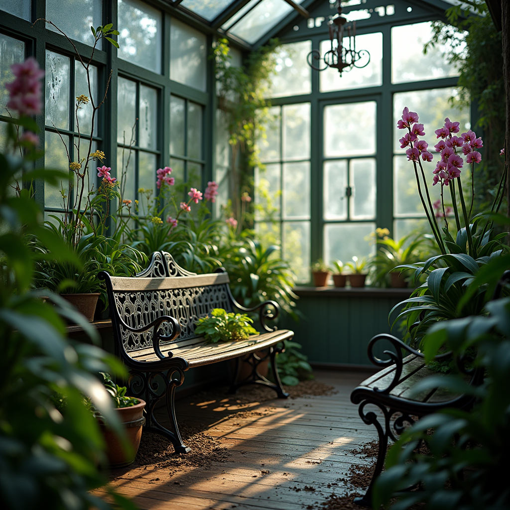 Interior of a cozy, overgrown abandoned greenhouse, wild orchids and ferns reclaiming wrought-iron benches, diffused morning light through cracked glass panels, romantic and melancholic atmosphere