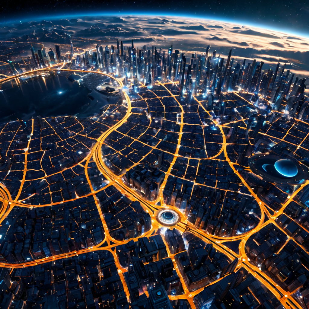 A futuristic megacity seen from orbit, city lights forming the shape of a neural network, weather systems swirling above, tiny spacecraft in low orbit, epic scale concept art