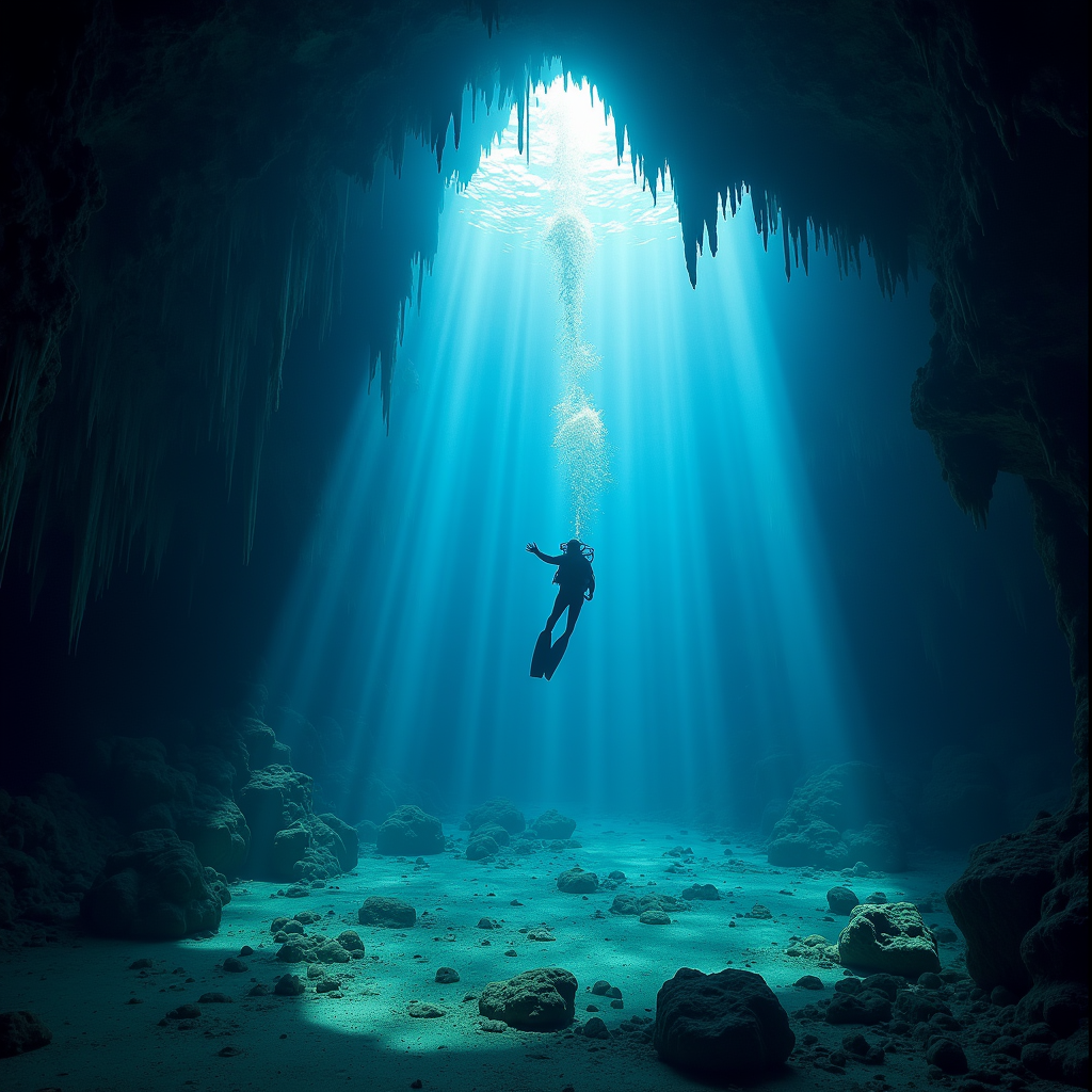 An underwater cave system explored by free divers, shafts of blue light entering from above, stalactites meeting stalagmites, haunting crystalline water, Nat Geo photography