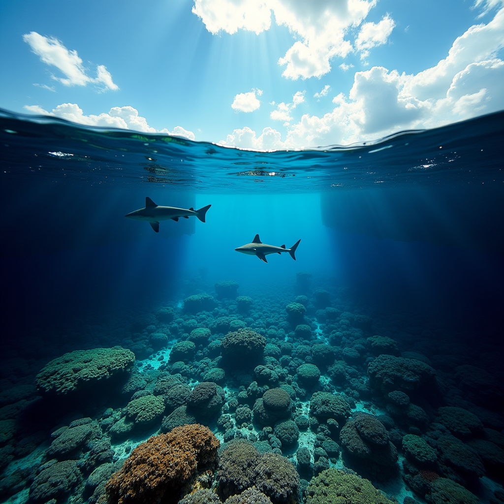 A massive coral reef system from above and below simultaneously, sharks patrolling the surface layer, endless colorful coral in the depths, split-level ocean photography, impossible perspective