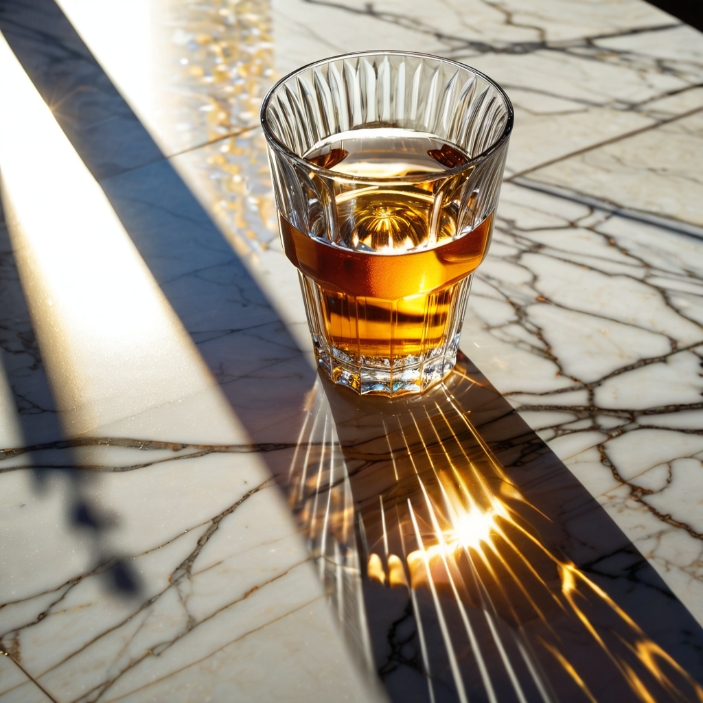 A hyperrealistic painting of a glass of water on a marble ta...