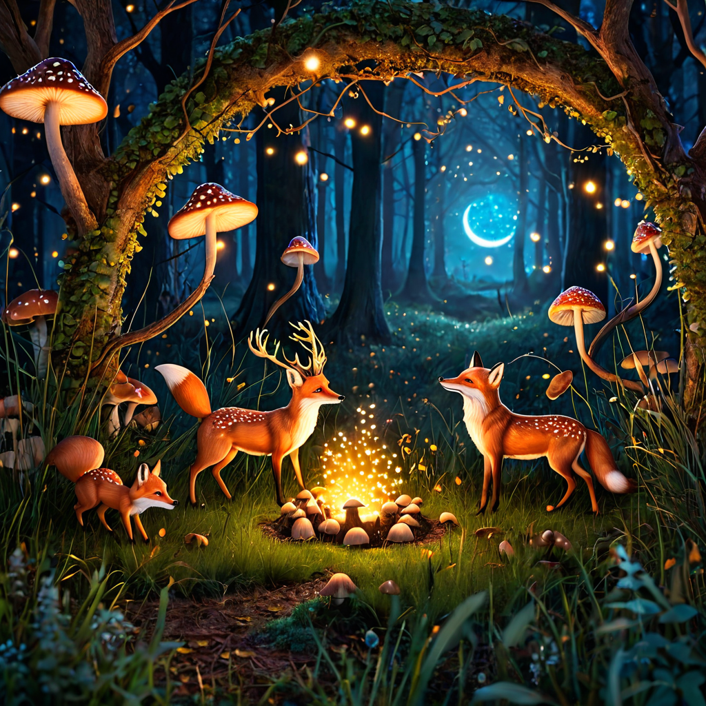 An enchanted autumn forest at dusk, foxes and deer gathering around a glowing ring of mushrooms, fireflies rising from the grass, fairy tale made real, hyperdetailed illustration