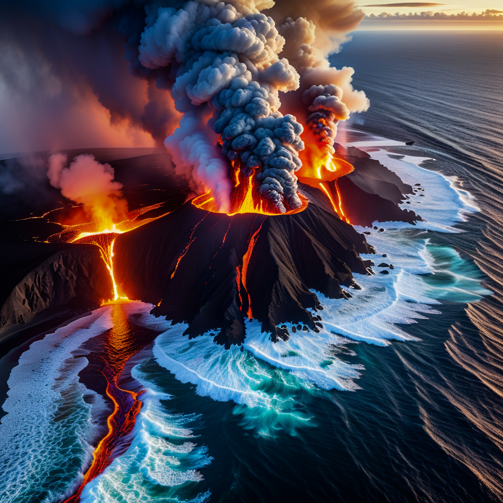 The moment a volcanic eruption meets the sea, lava rivers hi...