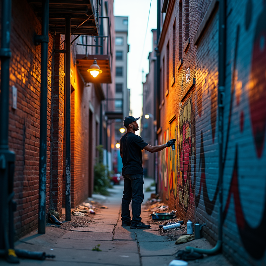 A street artist completing a massive mural in a gritty Brooklyn alleyway at dusk, scaffolding, spray cans, vivid colors against aging brick, urban poetry, documentary photography style