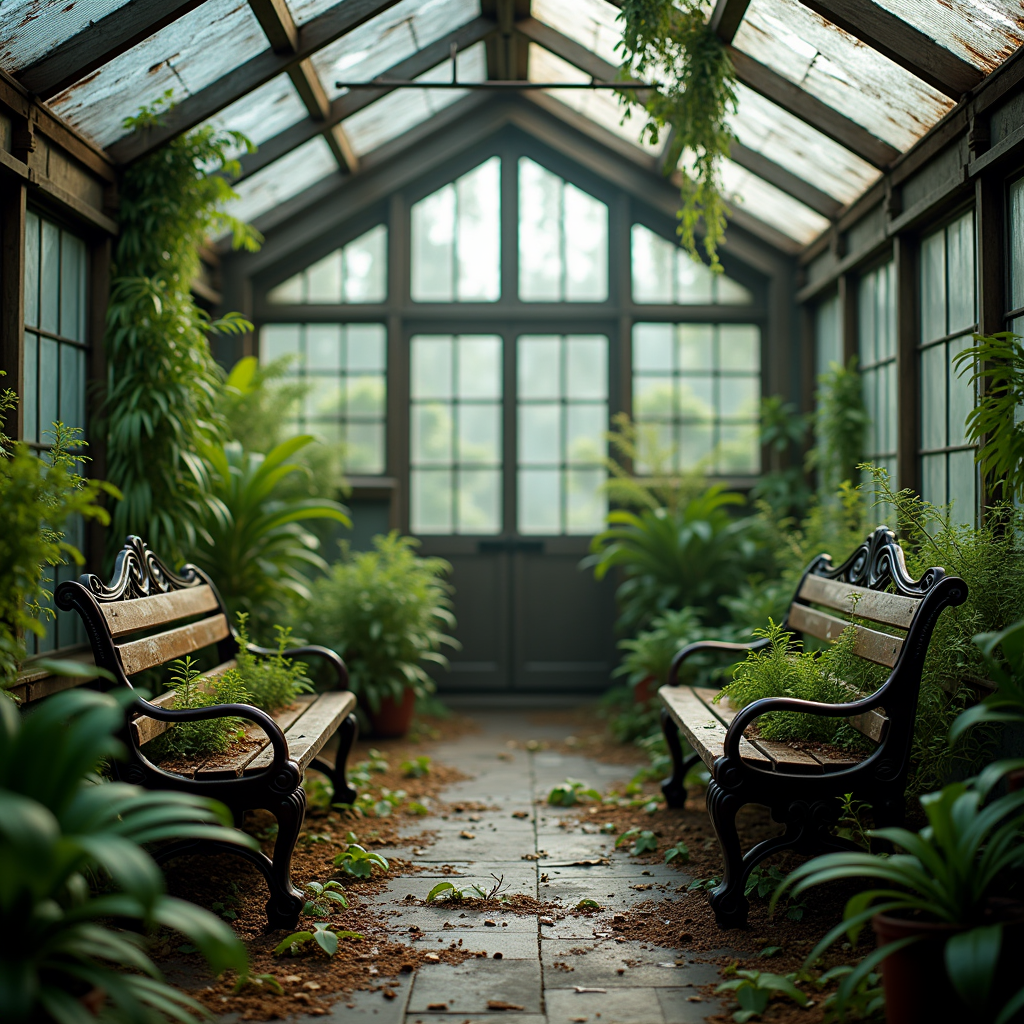 Interior of a cozy, overgrown abandoned greenhouse, wild orchids and ferns reclaiming wrought-iron benches, diffused morning light through cracked glass panels, romantic and melancholic atmosphere