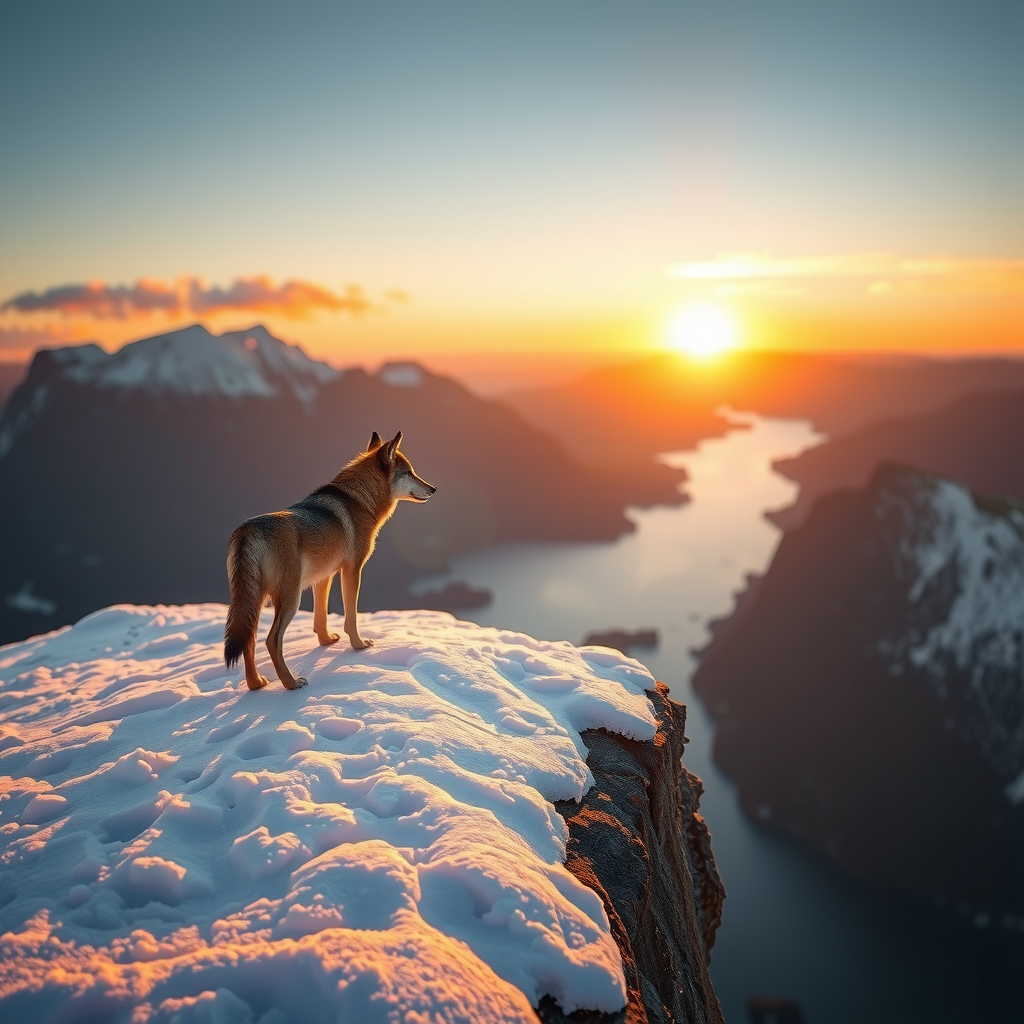 A lone wolf standing on a snow-covered mountain ridge at dawn, breath visible in the freezing air, vast Norwegian fjords below, National Geographic photography style, golden rim lighting