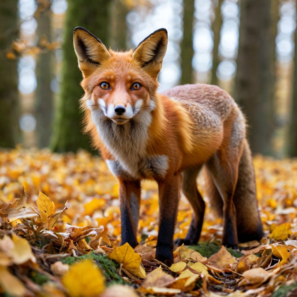 Hyperrealistic portrait of a red fox in an autumn forest, golden and russet leaves swirling around it, direct gaze into camera, shallow depth of field, studio-quality wildlife shot
