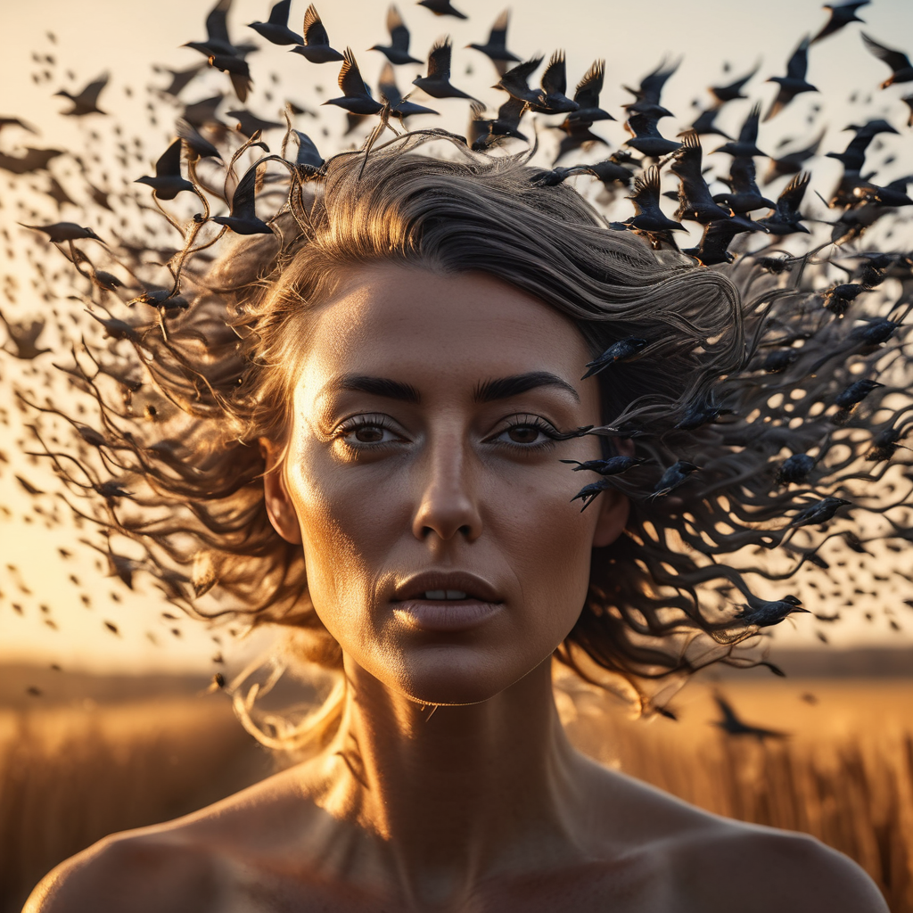 A conceptual portrait of a woman whose hair transforms into a flock of starlings, murmuration swirling around her head, golden hour backlight, surrealism meets photorealism