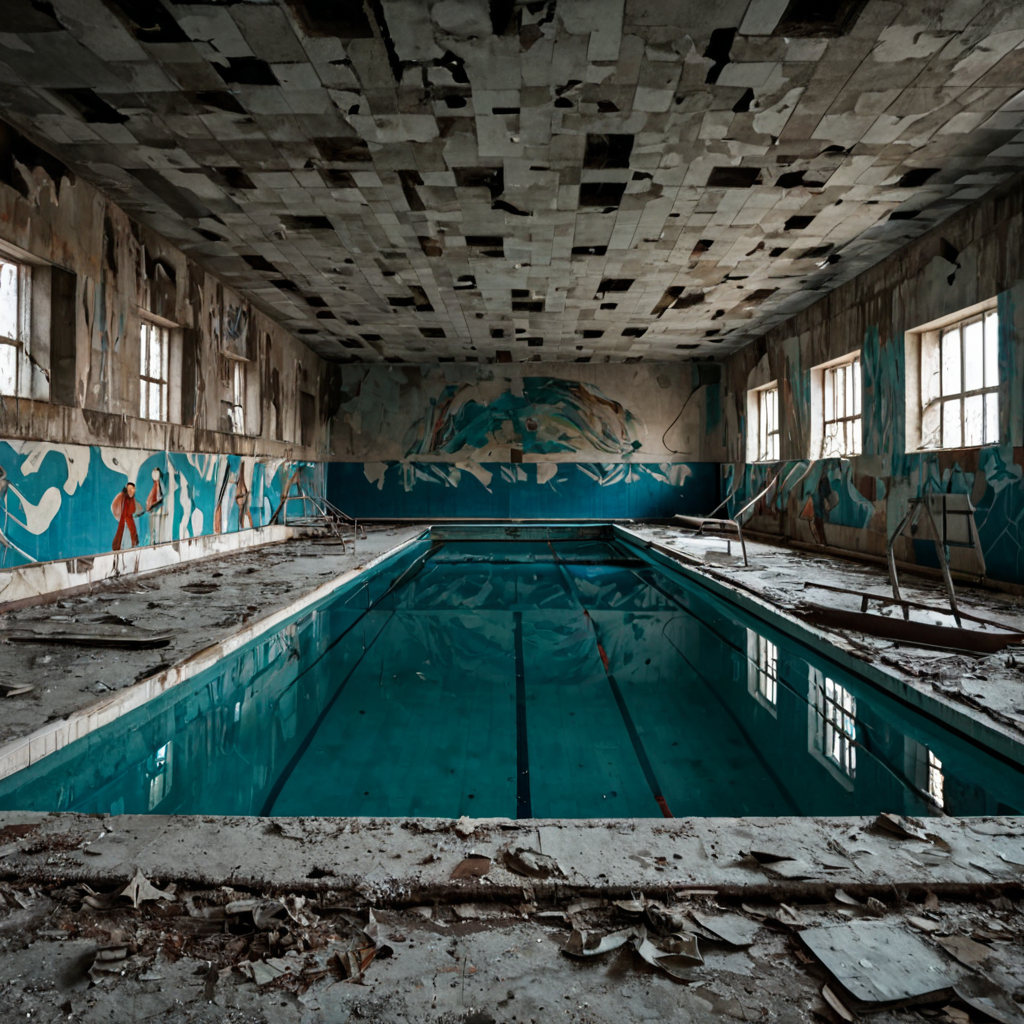 A brutalist concrete Soviet-era swimming complex in decay, water still eerily clear, peeling murals of athletic workers on the walls, abandoned mid-century melancholy