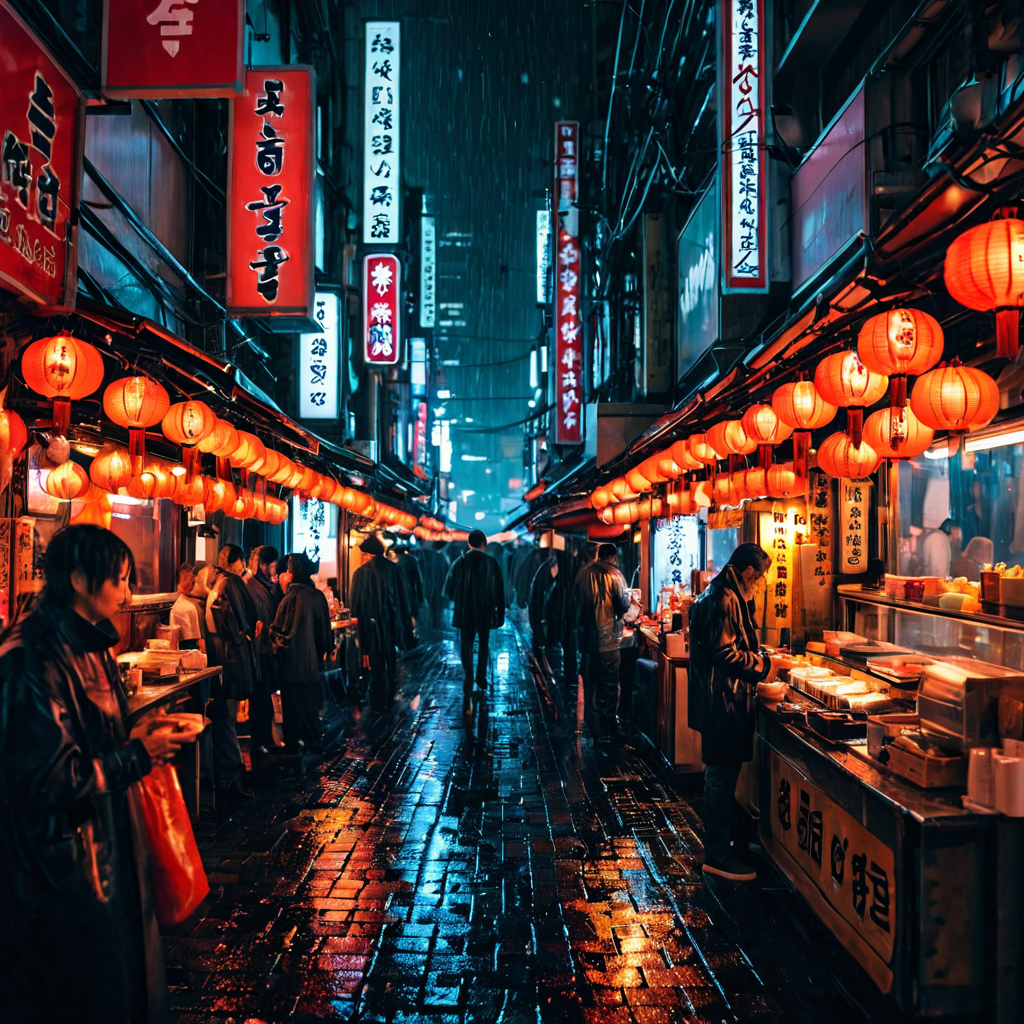 A futuristic cyberpunk night market in Neo-Tokyo, neon signs in Japanese script, street food stalls under glowing lanterns, rain-slicked cobblestones, dense crowd, blade runner aesthetic