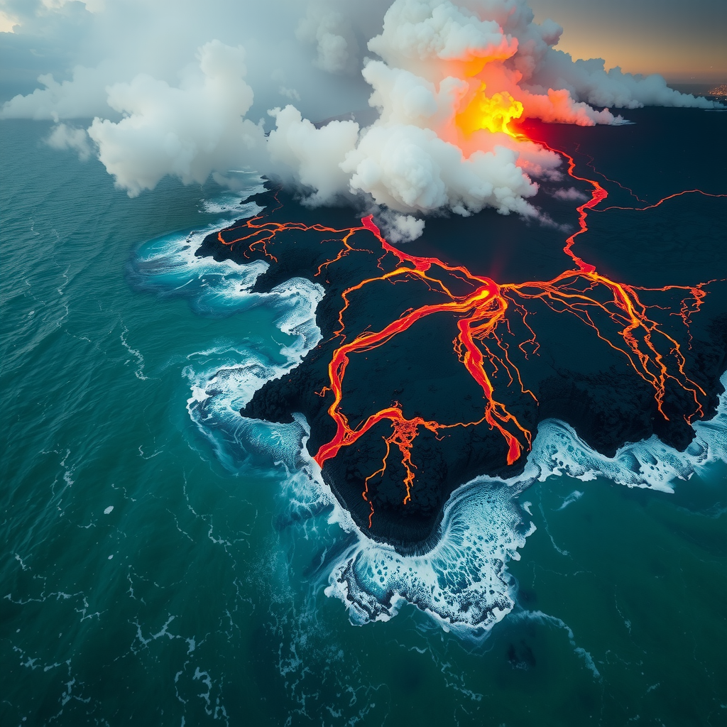 The moment a volcanic eruption meets the sea, lava rivers hi...