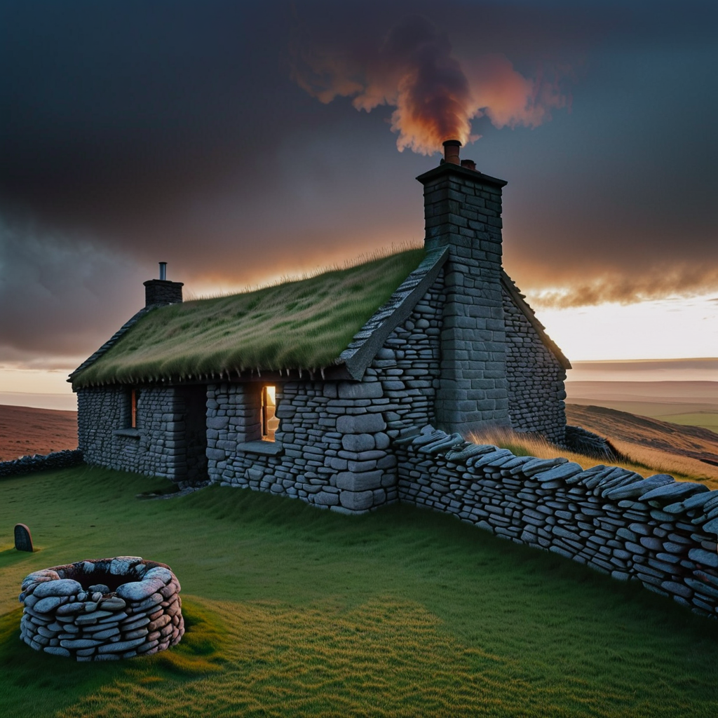 a house on the moor, hevy raing day stone wall, and grass ro...