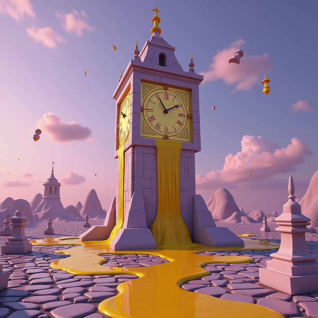 A melting surrealist clocktower in a Salvador Dalí-esque dreamscape, liquid gold dripping over cobblestones, impossible geometry, lavender sky with floating chess pieces, hyper-detailed
