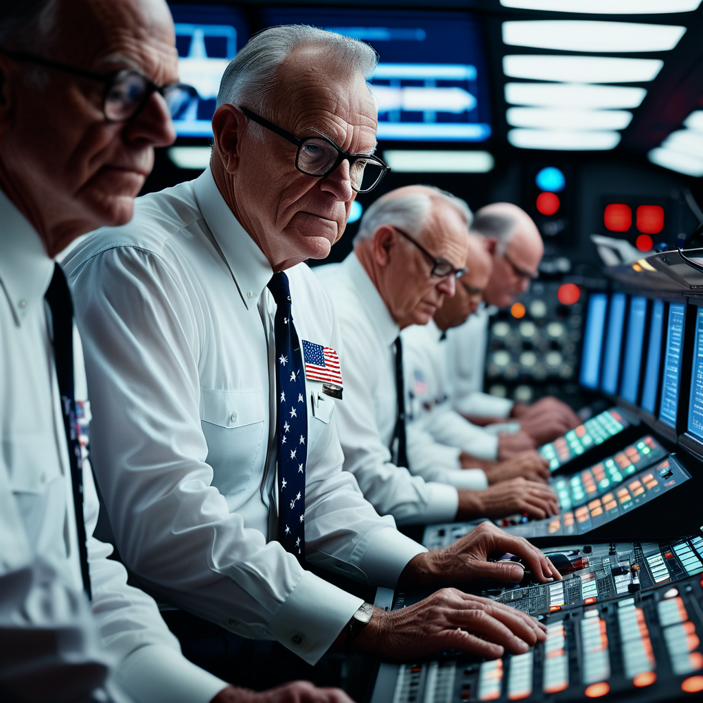 Portrait of a 1960s NASA mission controller at his console,...