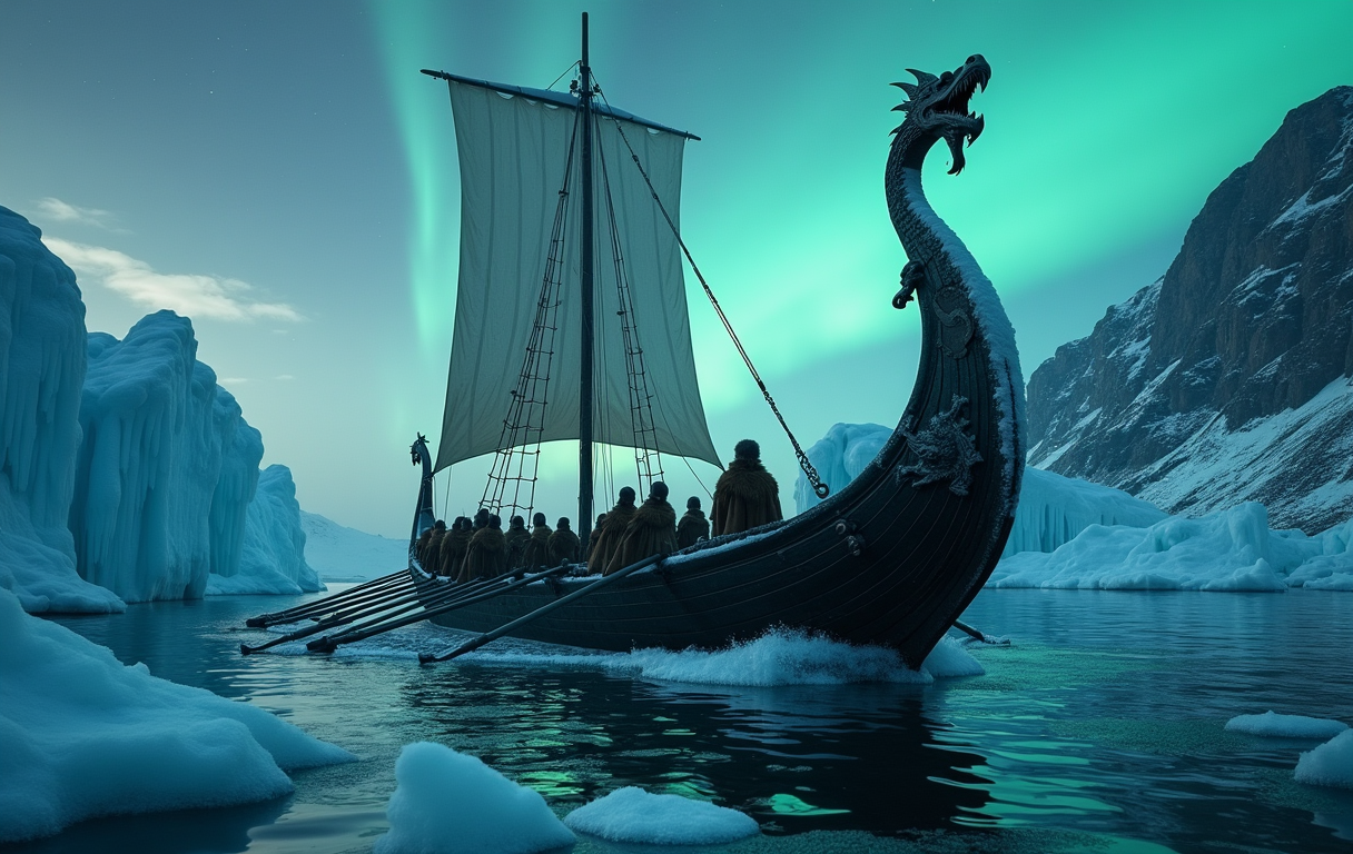 An ancient Viking longship navigating through an ice fjord, aurora borealis overhead, warriors in fur cloaks at the oars, sea spray freezing on carved dragon prow, cinematic