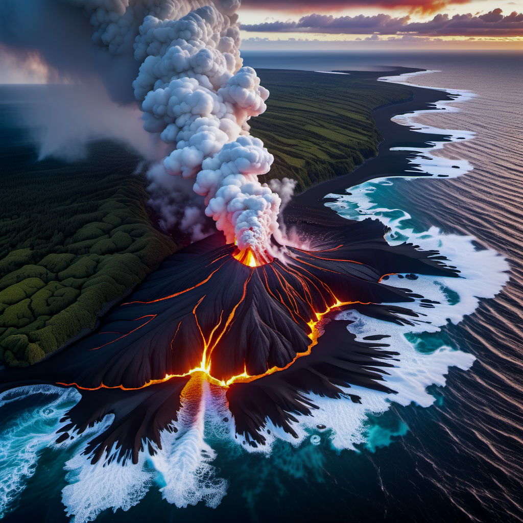The moment a volcanic eruption meets the sea, lava rivers hi...