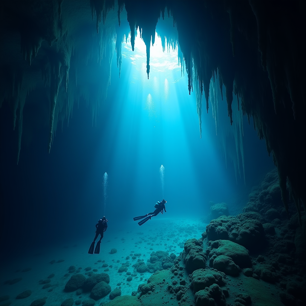 An underwater cave system explored by free divers, shafts of blue light entering from above, stalactites meeting stalagmites, haunting crystalline water, Nat Geo photography