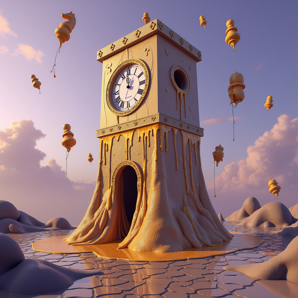 A melting surrealist clocktower in a Salvador Dalí-esque dreamscape, liquid gold dripping over cobblestones, impossible geometry, lavender sky with floating chess pieces, hyper-detailed