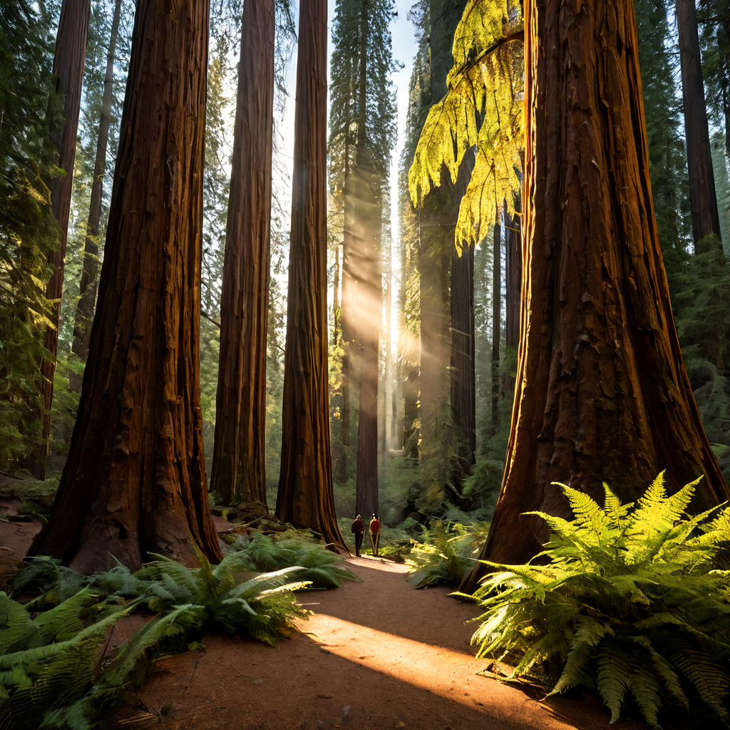 Interior of a cathedral of trees: a sequoia forest with shafts of golden light reaching the fern-carpeted floor, two hikers dwarfed by the scale, cathedral hush, epic nature photography