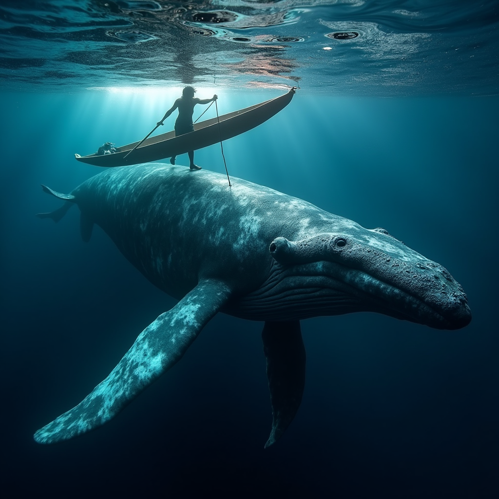 An enormous humpback whale swimming alongside a traditional Polynesian outrigger canoe, ocean surface light dappling the whale's barnacled skin, sacred and serene encounter, science fiction, futuristic, cyberpunk, neon lights, biopunk