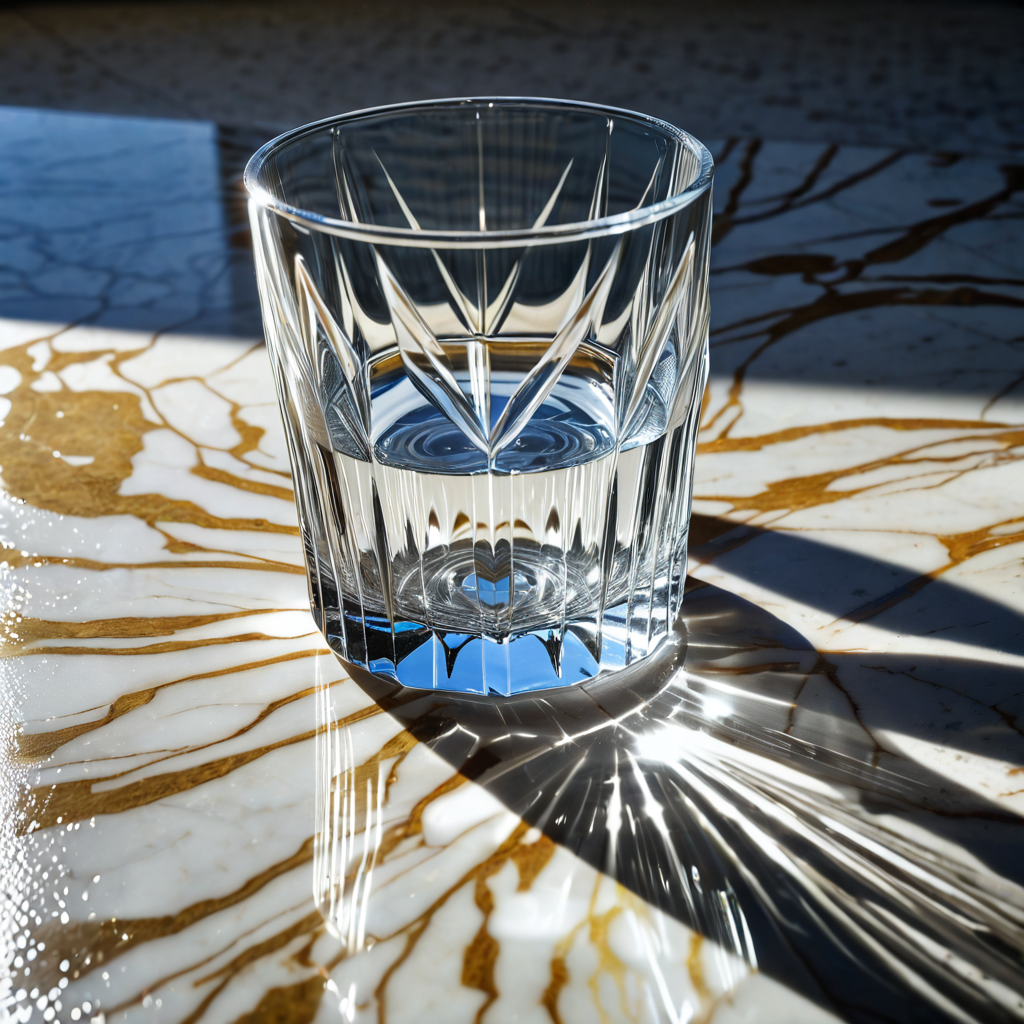 A hyperrealistic painting of a glass of water on a marble ta...
