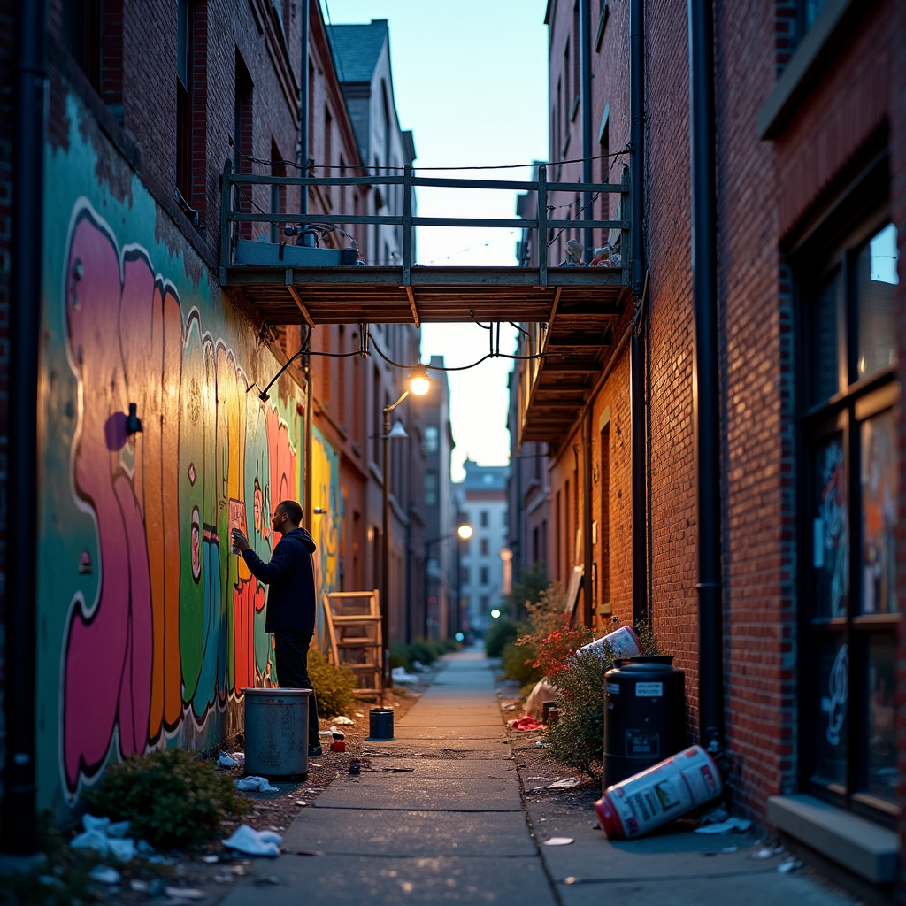 A street artist completing a massive mural in a gritty Brooklyn alleyway at dusk, scaffolding, spray cans, vivid colors against aging brick, urban poetry, documentary photography style