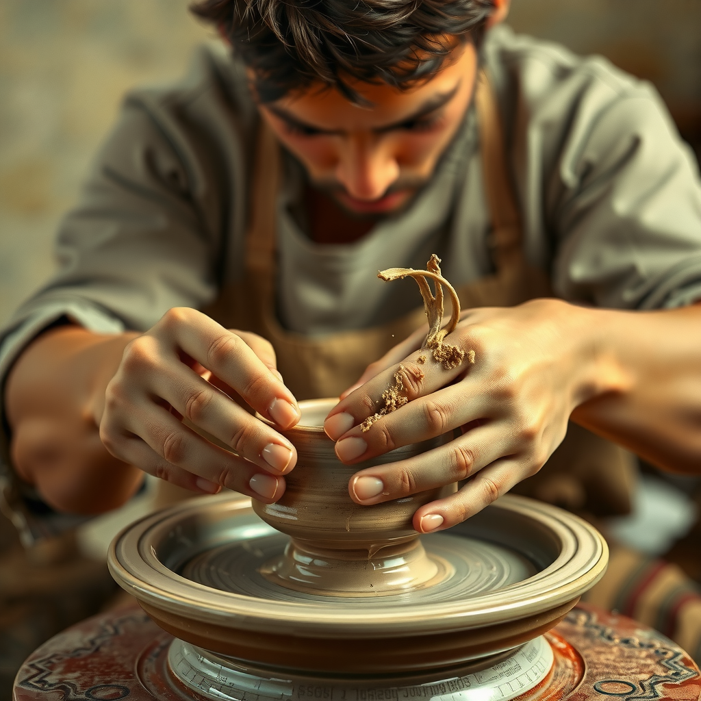 Hyperrealistic painting of hands working clay on a potter's wheel, earthy slip flying off, concentration on the craftsperson's face blurred in background, warm studio lighting
