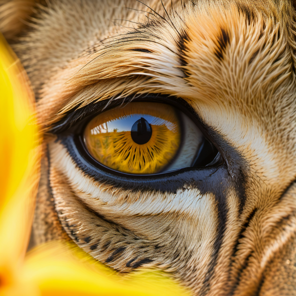 Extreme close-up of a lion's eye, savanna landscape reflecte...