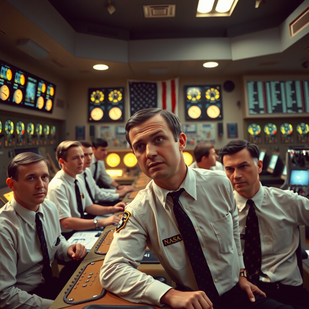 Portrait of a 1960s NASA mission controller at his console,...
