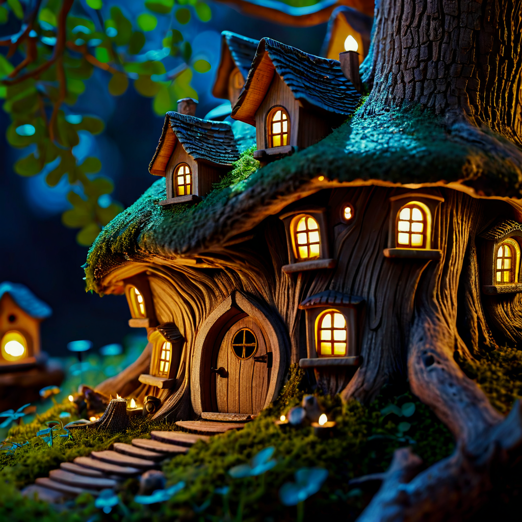 A tiny fairy village built inside the hollow of an ancient o...