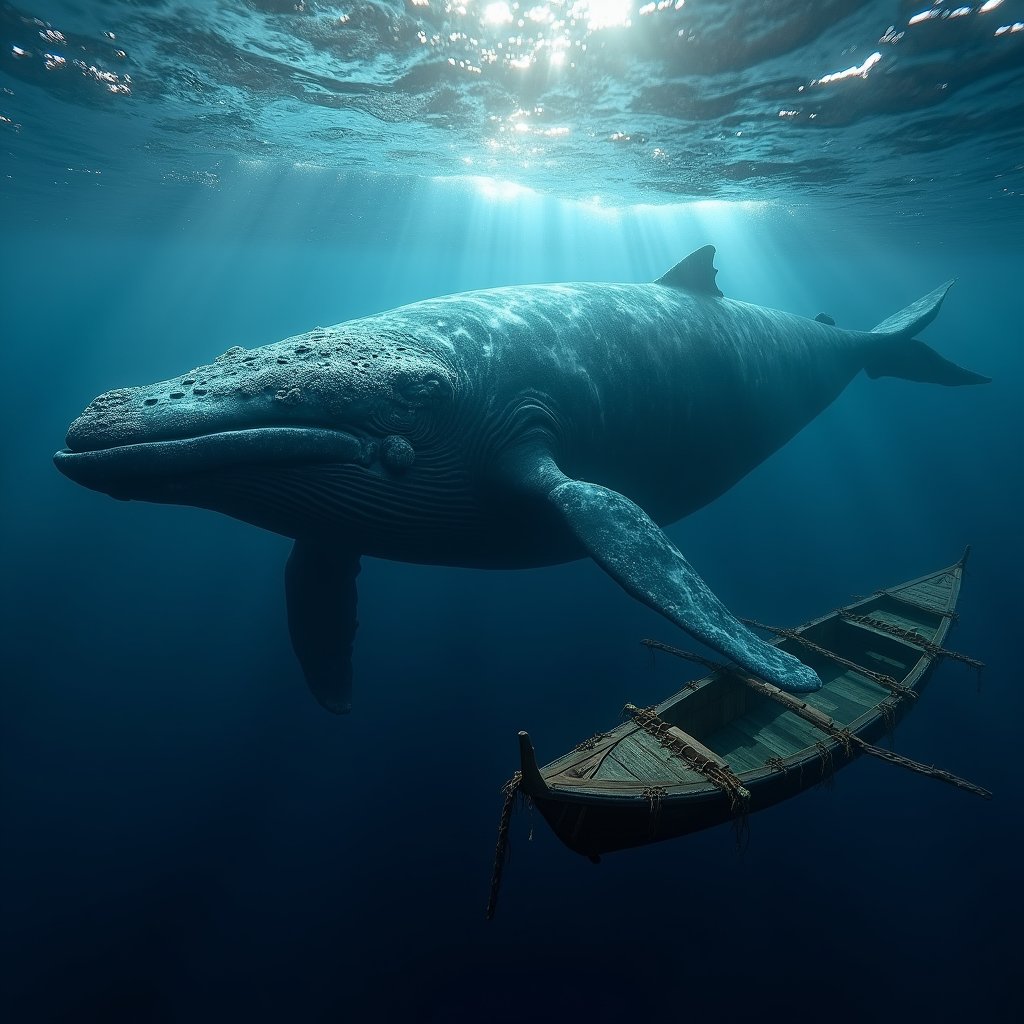 An enormous humpback whale swimming alongside a traditional Polynesian outrigger canoe, ocean surface light dappling the whale's barnacled skin, sacred and serene encounter, science fiction, futuristic, cyberpunk, neon lights, biopunk