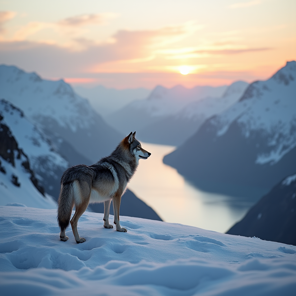 A lone wolf standing on a snow-covered mountain ridge at daw...