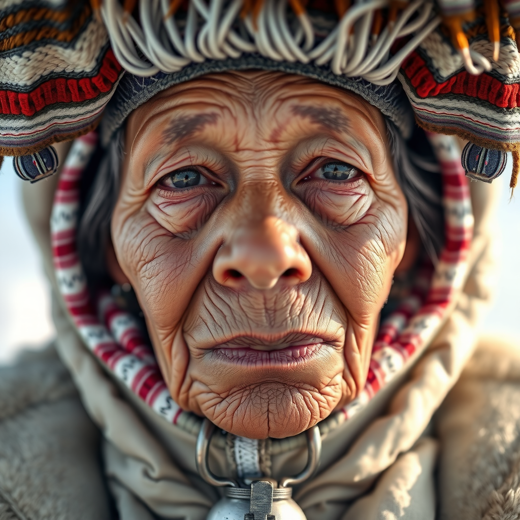 Portrait of an Inuit elder in traditional sealskin parka, wisdom etched into every line of her face, tundra light, close crop, ethnographic photography meets fine art