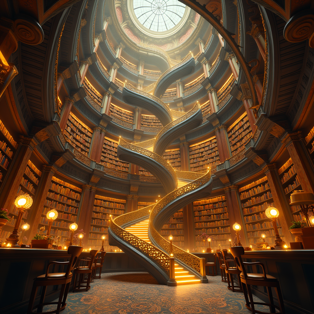 A grand celestial library with infinite spiral staircases, books floating between floors, scholars made of starlight studying constellations, divine golden light from above, baroque architecture