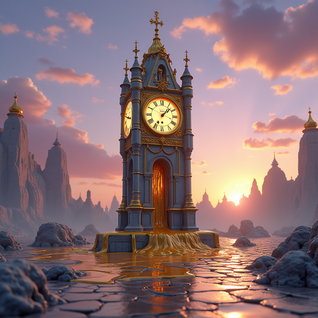 A melting surrealist clocktower in a Salvador Dalí-esque dreamscape, liquid gold dripping over cobblestones, impossible geometry, lavender sky with floating chess pieces, hyper-detailed
