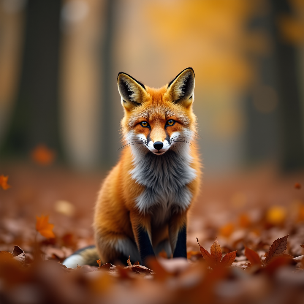 Hyperrealistic portrait of a red fox in an autumn forest, golden and russet leaves swirling around it, direct gaze into camera, shallow depth of field, studio-quality wildlife shot