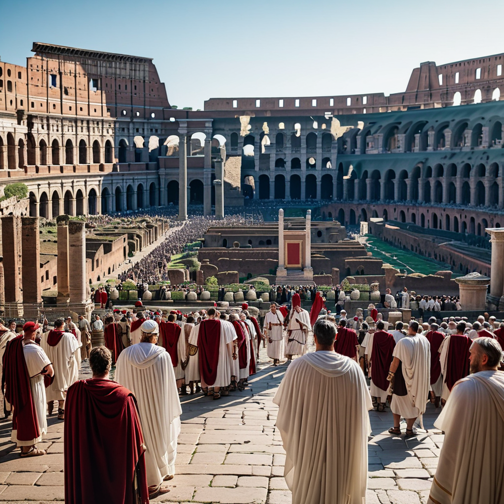 An ancient Roman forum at the height of the empire, bustling...
