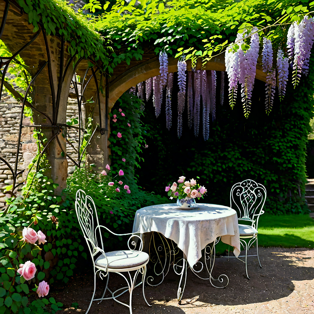 An overgrown English country garden in full summer, roses cl...