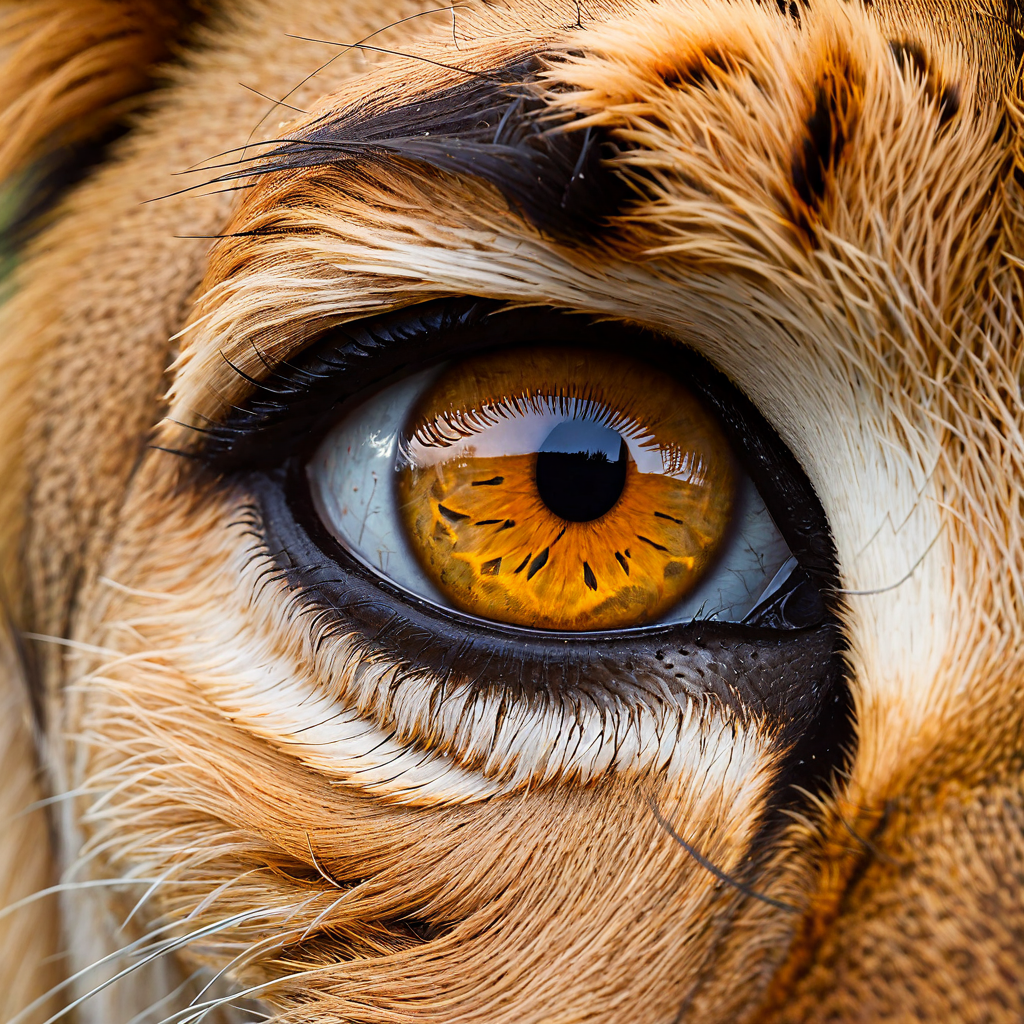 Extreme close-up of a lion's eye, savanna landscape reflecte...